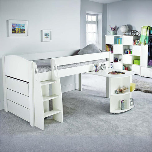 Stompa UNOS Mid Sleeper White Incl Pull Out Desk + 1 Chest Of Drawers